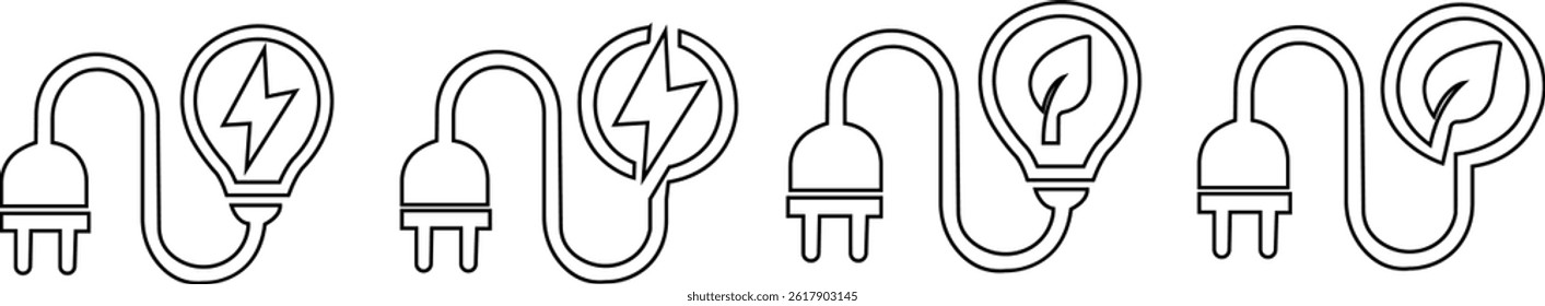 Set of renewable energy saving icon black outline styles. Plug and leaf eco vectors collection. Electric power energy charge symbols isolated on transparent background. Sustainability illustration.