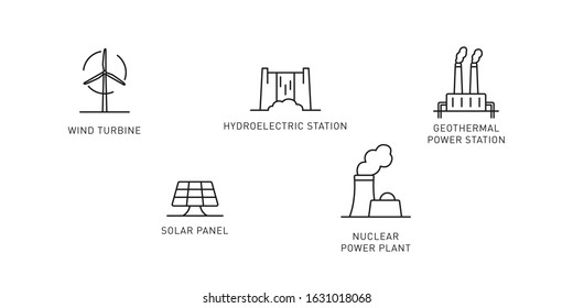 Set of renewable energy source thin line icons. Design elements for renewable energy, green technology. Vector stock illustration.