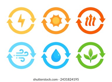 Set von erneuerbaren Energien Ressourcen Icons in flachen Vektor-Illustration-Stil. Sie symbolisieren die Konzepte Nachhaltigkeit und erneuerbare Energien wie Sonne, Wind, Geothermie, Biomasse und Wasserkraft