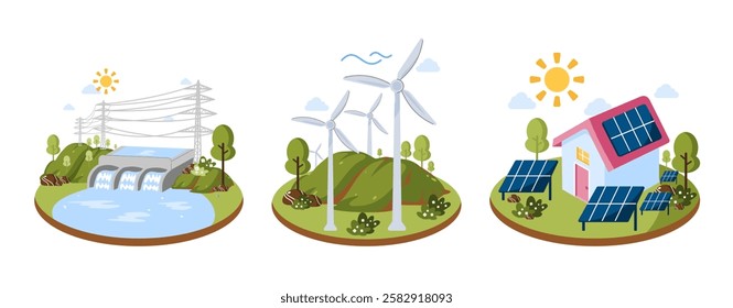 A set of renewable energy sources including solar, wind, and hydropower. The image features solar panels, wind turbines, and a dam, symbolizing a clean and sustainable powered by natural resources.