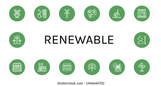 Set of renewable icons such as Windmill, Solar cell, Hybrid solution, Wind energy, Dam, Hydro power, Nuclear power, Wind turbine, Solar panel, Turbine, Global warming , renewable