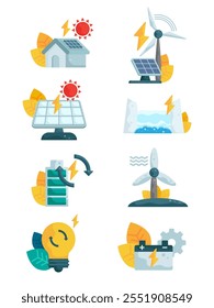 Conjunto de energía renovable, Ilustración vectorial de concepto ecológico de energía