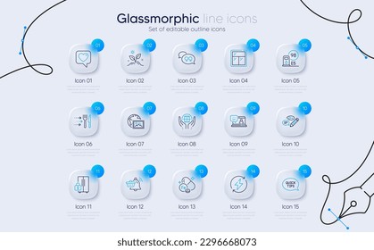 Set of Renewable power, Keywords and Grow plant line icons for web app. Petrol station, Web photo, Food delivery icons. Organic tested, Window, Refrigerator signs. Smile, Heart, Quote bubble. Vector