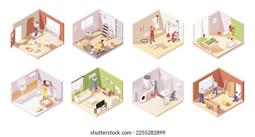 Set of renovation concept with professional team of repair men. Plumbers fix pipelines. Painter paints wall. Contractor specialist indoor home. Room repair service isometric view. Vector illustration