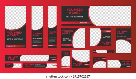 Set of Rent Car web banners of standard size with red shape. Business ad banner with a place for photos. Vertical, horizontal and square template. vector EPS 10