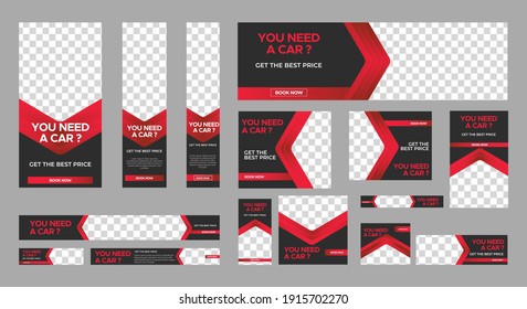 Set of Rent Car web banners of standard size with red shape. Business ad banner with a place for photos. Vertical, horizontal and square template. vector EPS 10