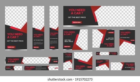 Set of Rent Car web banners of standard size with red shape. Business ad banner with a place for photos. Vertical, horizontal and square template. vector EPS 10