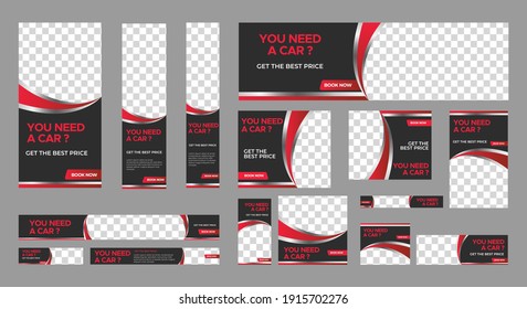 Set of Rent Car web banners of standard size with red shape. Business ad banner with a place for photos. Vertical, horizontal and square template. vector EPS 10