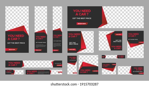 Set of Rent Car web banners of standard size with red shape. Business ad banner with a place for photos. Vertical, horizontal and square template. vector EPS 10