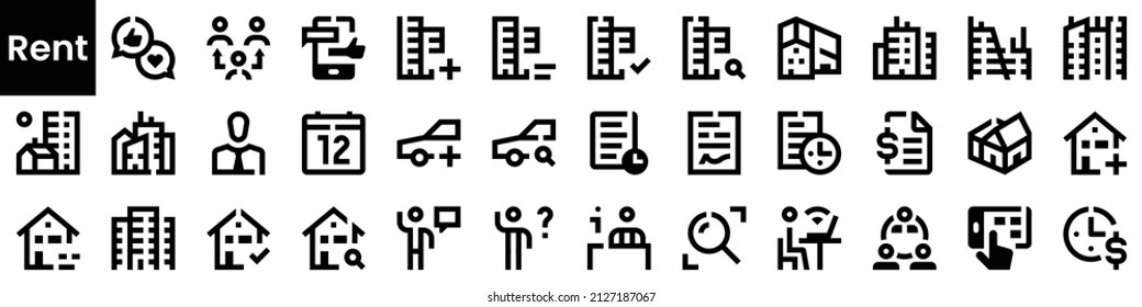 Set von Mietsymbolen. Schwarz-Flachsymbol-Sammlung einzeln auf weißem Hintergrund