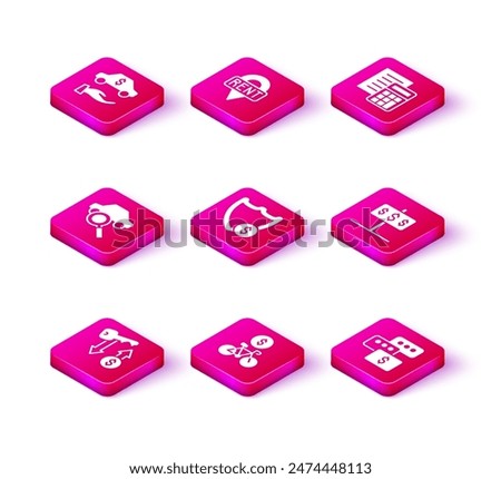 Set Rent key, Bicycle rental mobile app, Car sharing, Shield with dollar, Price negotiation, House, Calculator and Location icon. Vector