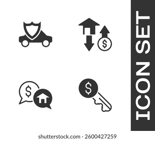 Set Rent key, Car with shield, Price negotiation and House dollar icon. Vector