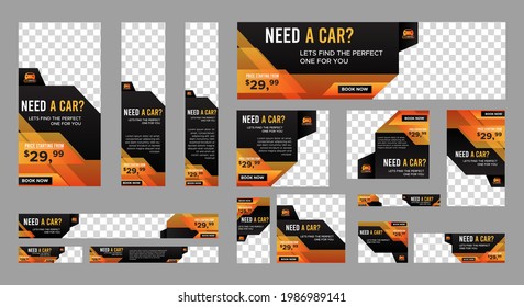 set of Rental Car web banners of standard size with a place for photos. Vertical, horizontal and square template. Vector EPS 10