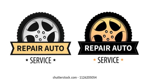 Set of Repair Auto Emblem with Wheel. Vector Signs in Orange and Silver colors isolated on white. Vector Signs for Signboard, Banner and Logo of Repair Auto and Tire Service.