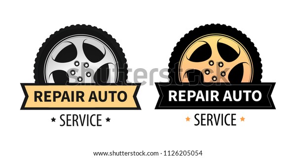 Set of Repair Auto\
Emblem with Wheel. Vector Signs in Orange and Silver colors\
isolated on white. Vector Signs for Signboard, Banner and Logo of\
Repair Auto and Tire\
Service.