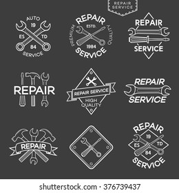 Set of repair and auto service labels isolated on black background. Stamps, banners and design elements for you business. Vector illustration