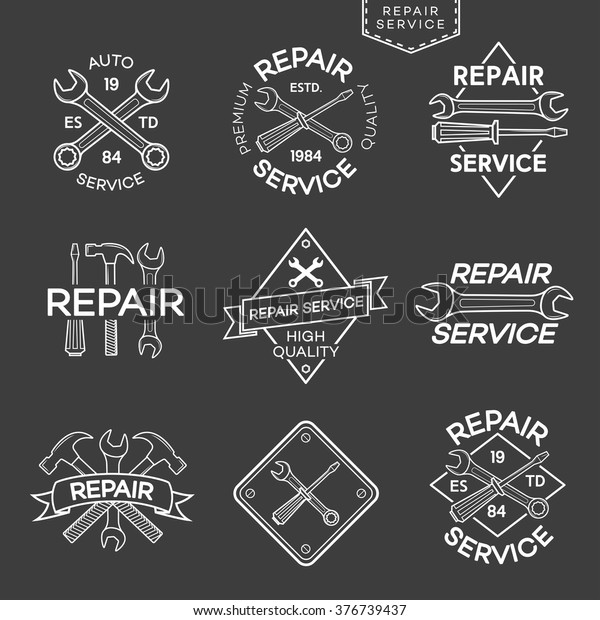Set of repair and auto service labels\
isolated on black background. Stamps, banners and design elements\
for you business. Vector\
illustration