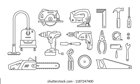 Set Of Repair Building Tools Icons Outline Flat Style