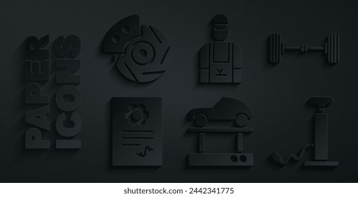 Set Repair car on a lift, Chassis, Auto service check automotive, Car pump, mechanic and brake disk with caliper icon. Vector