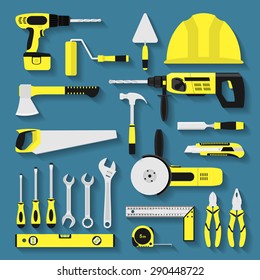 set of repair and construction tool icons, flat style illustration