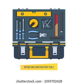 Set of repair and construction tools, open and closed. Tools: screwdrivers, level, pliers, tape measure tape, nails and screws, hammer, chisel. Construction buildings, structures. Vector illustration.