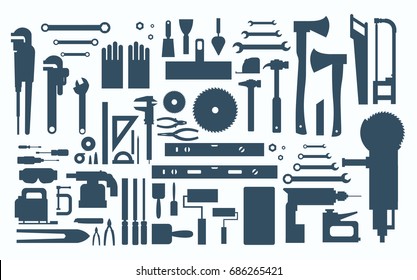 Set Of Repair And Construction Working Hand Tools, Equipment Collection Flat Vector Illustration