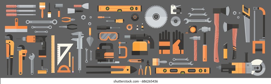 Set Of Repair And Construction Working Hand Tools, Equipment Collection Flat Vector Illustration