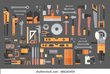 Set Of Repair And Construction Working Hand Tools, Equipment Collection Flat Vector Illustration