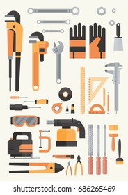 Set Of Repair And Construction Working Hand Tools, Equipment Collection Flat Vector Illustration