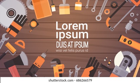 Set Of Repair And Construction Working Hand Tools, Equipment Collection Over Copy Space Flat Vector Illustration