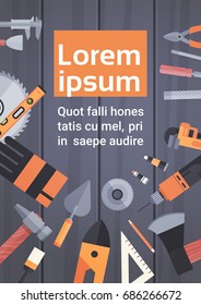 Set Of Repair And Construction Working Hand Tools, Equipment Collection Over Copy Space Flat Vector Illustration