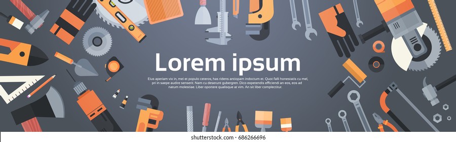 Set Of Repair And Construction Working Hand Tools, Equipment Collection Over Copy Space Flat Vector Illustration