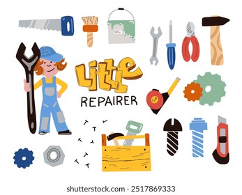 Set of repair elements with little kid repairer. Concept of familiarization with the profession of a repairman, poster for schools and kindergartens. Little cartoon style repairman