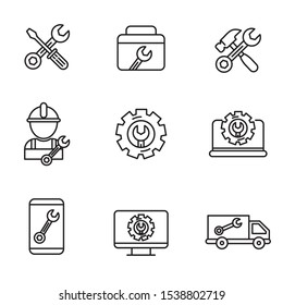 Set of repair and engineering related icon with simple black line design on white background 