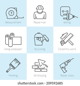 Set Of Repair Home Tools And House Work Improvement Icons In Line Style