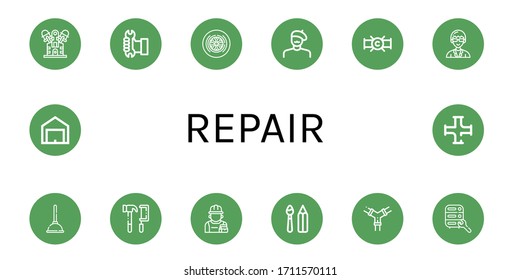 Conjunto de iconos de reparación. Como Motor, Trabajador, Rueda, Pañador, Pipe, Técnico, Plunger, Herramientas, Repairman, Herramientas de pintura, Pipes, Mantenimiento, Garaje , Iconos de reparación