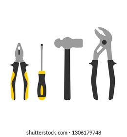 Set of repair instruments icon. Pliers, screwdriver, hammer, water cimping pliers. Repair symbol. Vector illustration isolated on white background.