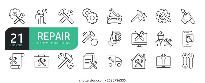 Set Of Repair Line Icons. The set includes a Maintenance, Repairman, Home Repair, Customer Service, Car Repair, Tools, Appliance Repair, and more.