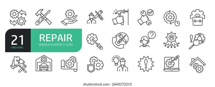 Set Of Repair Line Icons. The set includes a Maintenance, Repairman, Home Repair, Customer Service, Car Repair, Tools, Appliance Repair, and more.
