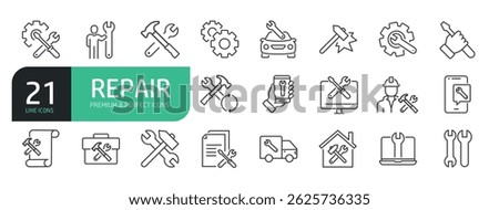 Set Of Repair Line Icons. The set includes a Maintenance, Repairman, Home Repair, Customer Service, Car Repair, Tools, Appliance Repair, and more.