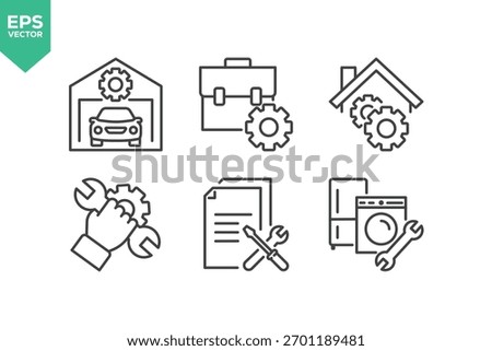 Set Of Repair Line Icons. The set includes a Maintenance, Repairman, Home Repair, Customer Service, Car Repair, Tools, Appliance Repair, and more.