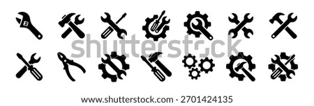 Set of repair and maintenance tool icons with wrench gear hammer and screwdriver silhouette vector illustration on transparent background