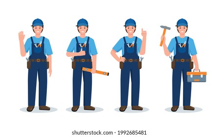 Set of Repair men or Construction Workers in different poses and gestures. Industry employee characters in uniform with work tools isolated on white background. Flat cartoon vector illustration.