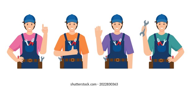 Conjunto de hombres de reparación o trabajadores de la construcción en diferentes posiciones y gestos. Carácter de ingeniero industrial uniforme con herramientas de trabajo aisladas en fondo blanco. Ilustración vectorial plana o cartoon.