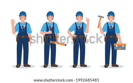 Set of Repair men or Construction Workers in different poses and gestures. Industry employee characters in uniform with work tools isolated on white background. Flat cartoon vector illustration.