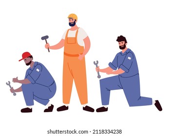 set of repair men with tools