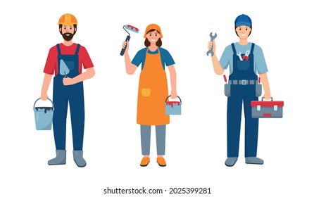 Conjunto de personas de reparación o trabajadores de construcción aislados en fondo blanco. Personajes de empleados de la industria con diferentes poses y uniformes con herramientas de trabajo. Ilustración vectorial de dibujos animados planos.