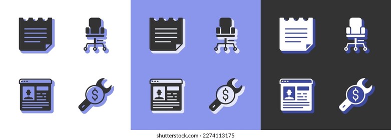 Set Repair price, Notebook, Resume and Office chair icon. Vector
