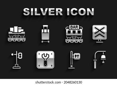 Set Repair of railway, Railroad crossing, Train station bell, Cafe and restaurant location, traffic light, Restaurant train, Cargo wagon and Suitcase icon. Vector