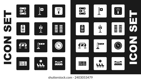 Reparación de trenes, semáforo en tren, tren de billetes electrónicos, carril rotos en línea, ferrocarril, vía férrea, señalización de carreteras, reloj de estación e icono de barrera. Vector